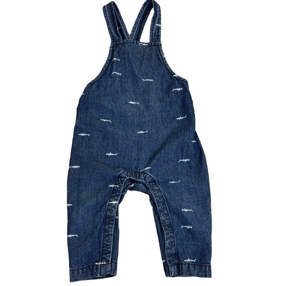 Tea Collection 100% Cotton Shark Print Denim Overalls Snap Closure Size 9-12 Mo - Picture 7 of 16
